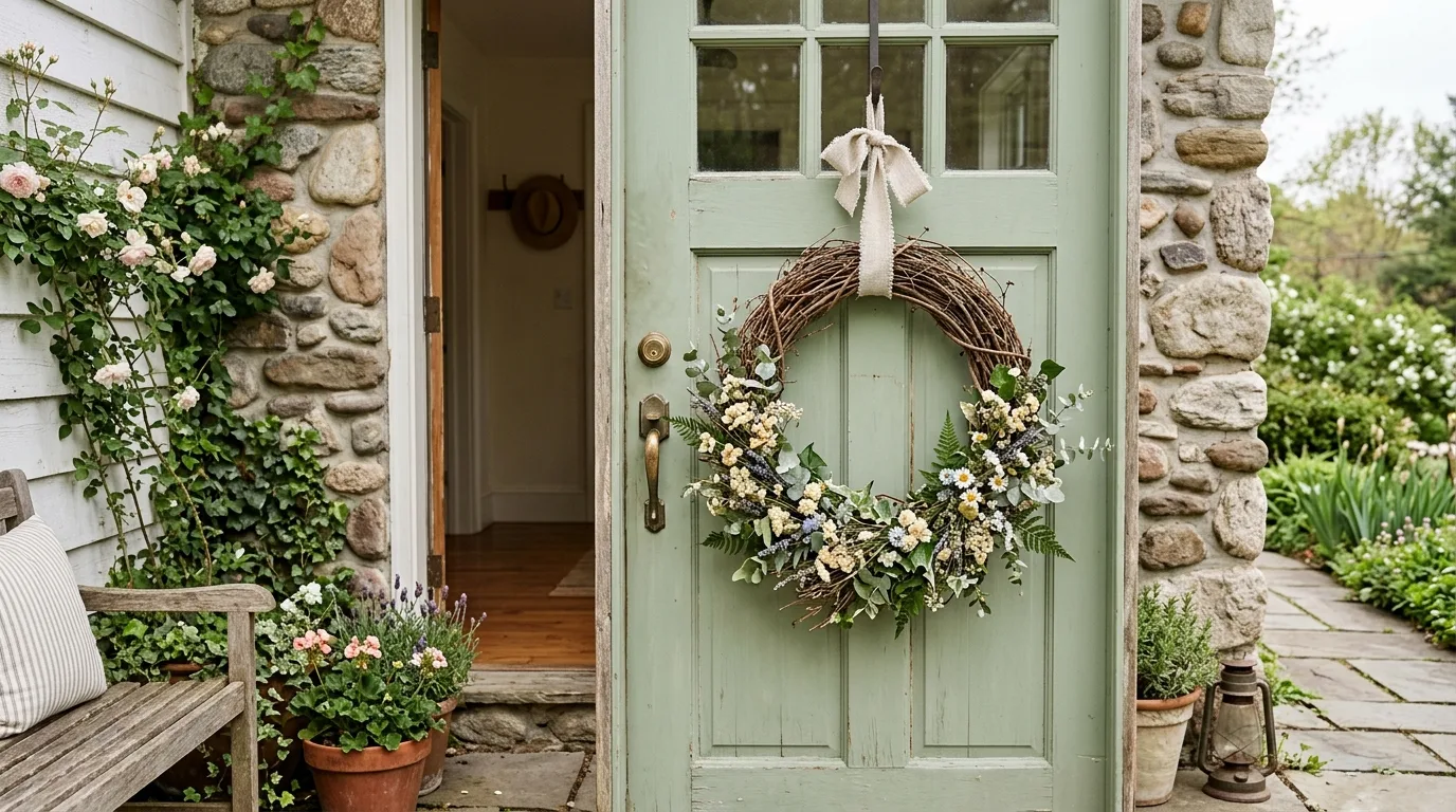 Rustic twig spring wreath with flowers